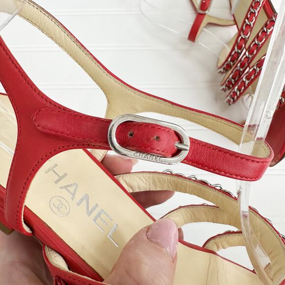 Chanel Red Leather CC Chain Sandals Four Strap Ankle Gladiator 38 - Picture 11 of 14